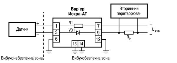 Схема підмикання бар'єра ИСКРА-АТ.03, R1 = 425 Ом ± 5 %