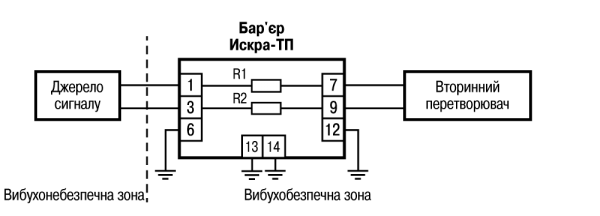 Схема підмикання бар'єра ИСКРА-ТП.03, R1 = R2 = 77 Ом ± 5 %