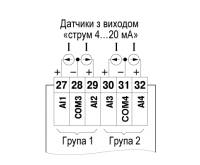 активного датчика с выходом типа «Ток 4…20 мА» (к входам I10… I12 аналогично)