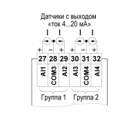 активного датчика с выходом типа «Ток 4…20 мА» (к входам I10… I12 аналогично)