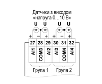 Подключение активных датчиков с выходом типа «Напряжение 0…10 В» (к входам I10… I12 аналогично)