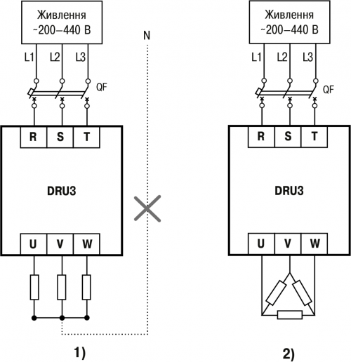 Підключення мережі і навантаження до регулятора потужності DRU3