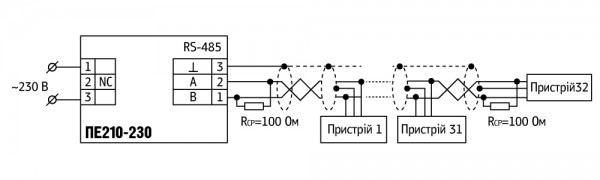 Схема підмикання ПЕ210 з номінальною напругою живлення 230 В змінного струму