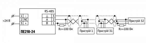 Схема підмикання ПЕ210 з номінальною напругою живлення 24 В змінного струму