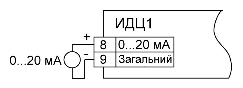 Схема підмикання до входу пристрою датчиків з сигналами струму від  0 до 5 мА, від 0 до 20 мА, від 4 до 20 мА