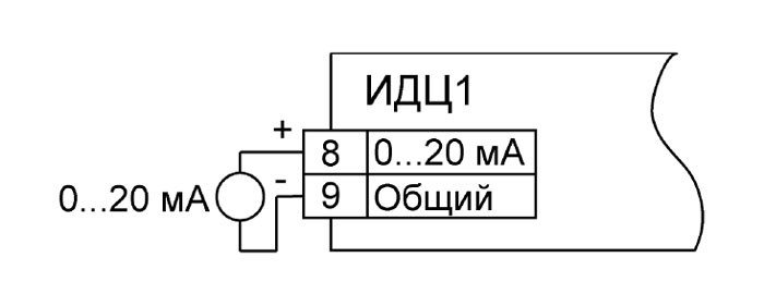 Схема подключения ко входу прибора датчиков с сигналами тока от 0 до 5 мА, от 0 до 20 мА, от 4 до 20 мА
