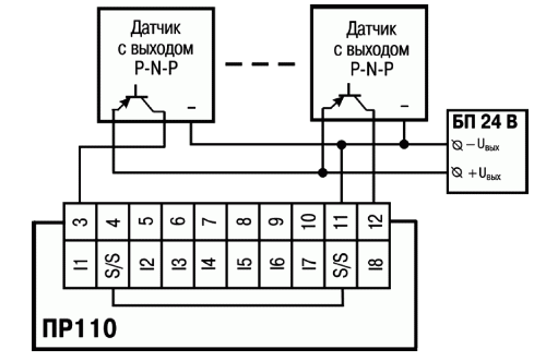Схема подключения к ПР110 трехпроводных дискретных датчиков, имеющих выходной транзистор p-n-p: типа с открытым коллектором