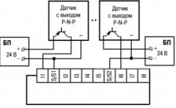 Схема підмикання трьодротових  дискретних датчиків, які мають  вихідний транзистор  p-n-p–типу з відкритим колектором: