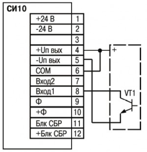 Підмикання активних датчиків, що мають на виході транзистор n-p-n типу з відкритим колекторним входом: при роботі від живильної напруги пристрою