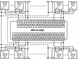 Схема підмикання до МВ110-32ДН дискретних датчиків з транзисторним виходом n-p-n-типу з ОК