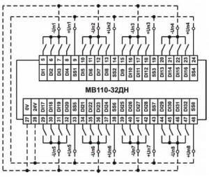 Схема підмикання до МВ110-32ДН дискретних датчиків з виходом типу «сухий контакт»