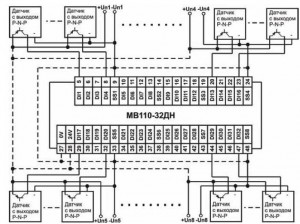Схема підмикання до МВ110-32ДН дискретних датчиків з транзисторним виходом p-n-p-типу