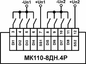 Схема підмикання до МК110-8Д.4Р дискретних датчиків з виходом типу «сухий контакт»
