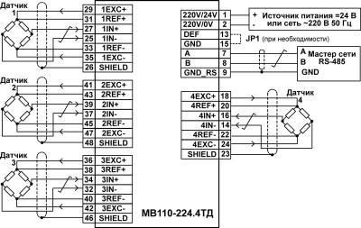 Підмикання до МВ110-224.4ТД зовнішніх пристроїв із застосуванням шестидротової схеми підмикання до датчика та без використання заземлення