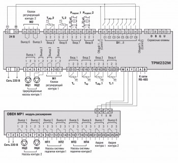 Схема подключения ТРМ232М-Два независимых контура: Отопление 