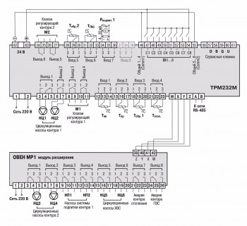 Схема подключения ТРМ232М - Два независимых контура: Отопление + ГВС