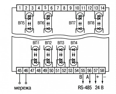 Схема підмикання симісторних оптопар пристрою ТРМ138-С в корпусі Щ4