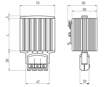 Габаритні та установчі розміри щитового конвекційного нагрівача МТК