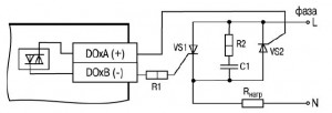 Схема підмикання навантаження до ВЕ типу «С» двох тиристорів, які підімкнені зустрічно-паралельно (R2=47… 68 Ом, С1=0.1мкф×630 В)