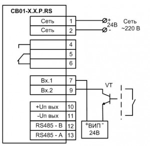 Подключение датчиков, имеющих на выходе транзистор n-p-n типа с открытым коллекторным входом или подключение к входу коммутационных устройств при питании датчика от внешнего источника питания