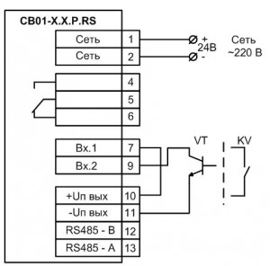 Подключение датчиков, имеющих на выходе транзистор n-p-n типа с открытым коллекторным входом или подключение к входу коммутационных устройств при питании датчика от внутреннего источника питания