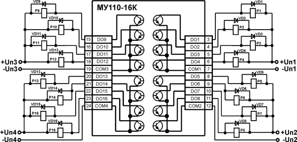 Схема підмикання навантаження до ВЕ типу К (для МУ110-16К)