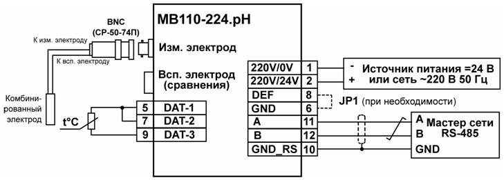 Підмикання до МВ110-224.pH зовнішніх пристроїв із застосуванням дводротової схеми підмикання до датчика температури та використанням комбінованого електрода